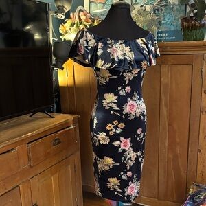 Navy Floral Ruffle Midi Dress